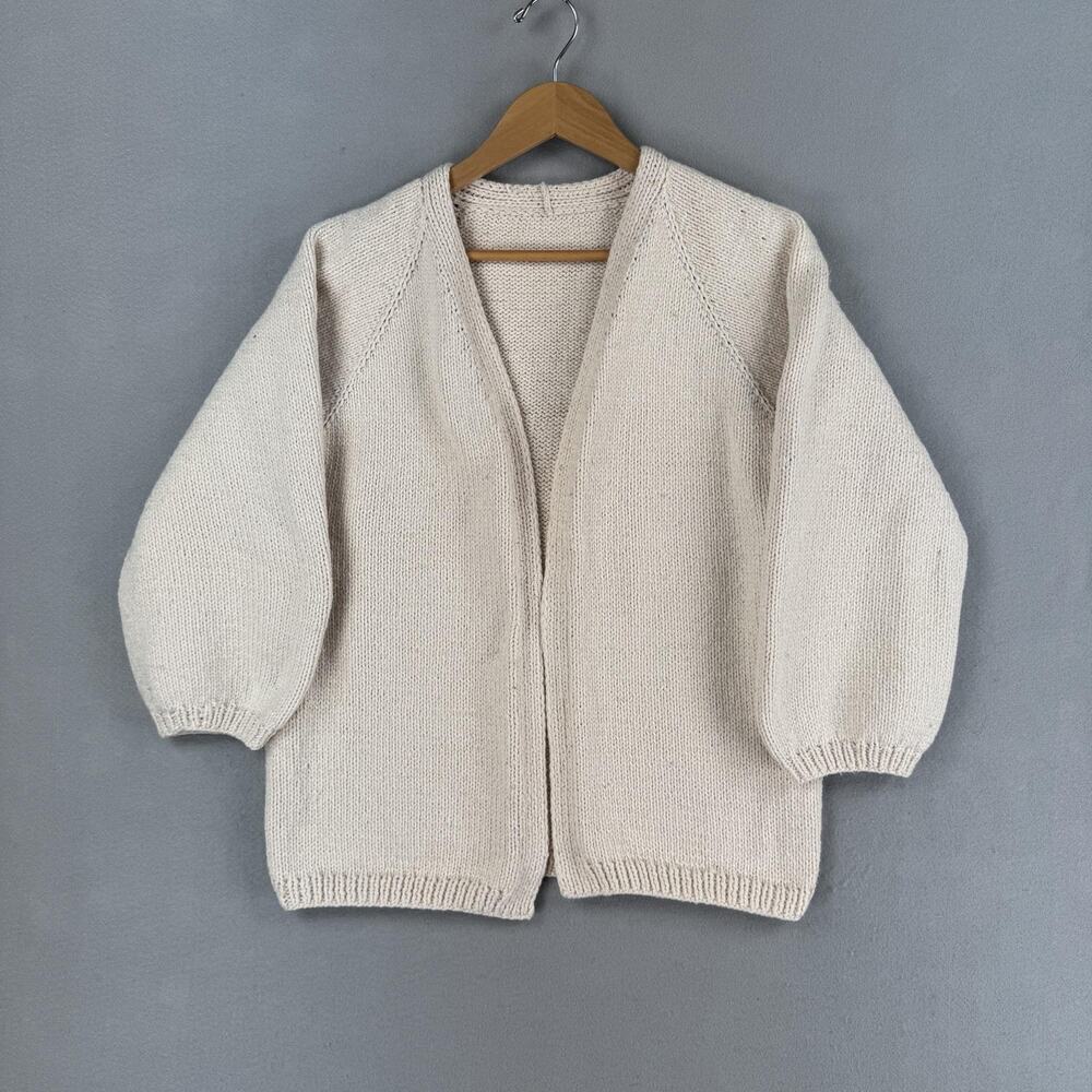 Handmade Sweater Cardigan Size Small White Open Front Knit Raglan Balloon Sleeve